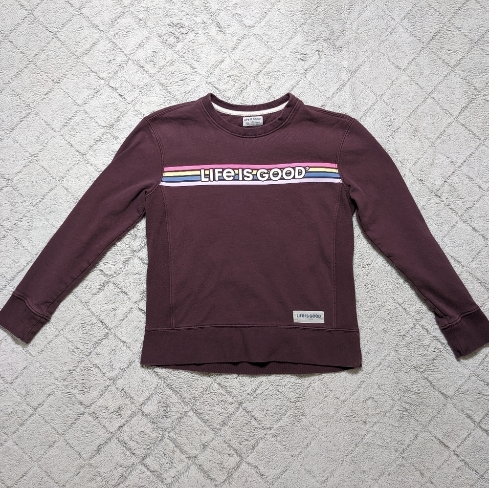 Life is Good Sweatshirt Women's XS Purple Retro Crew Neck Long Sleeve Cotton